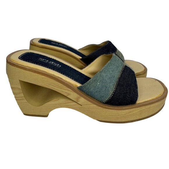 Vintage Y2K‎ Splash Wooden Platform Sandals With Denim Patchwork Straps Bratz - Picture 2 of 9